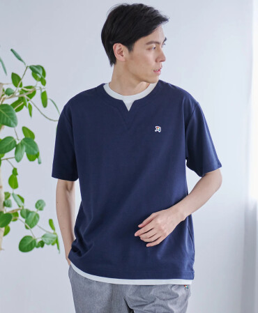 【 シャンブレー鹿の子 キーネックフェイク レイヤードTシャツ 】