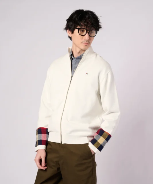 【 パーマーチェックカフ ニット スタンドフルジップ 】