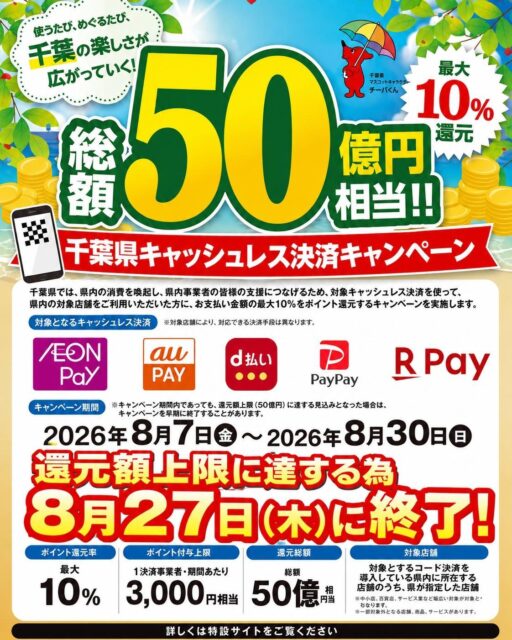 8月27日に終了‼️千葉県キャッシュレスキャンペーン